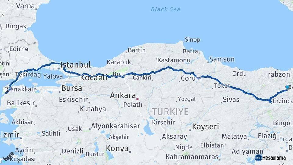 Bayburt Çanakkale Arası Kaç Km - Yol Haritası