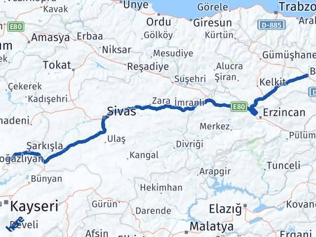 Bayburt Çandır Yozgat Arası Kaç Km - Yol Haritası