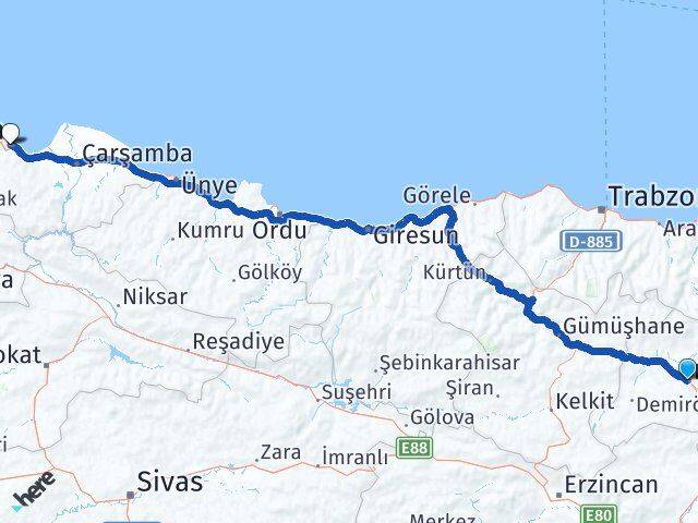 Bayburt Canik Samsun Arası Kaç Km - Yol Haritası