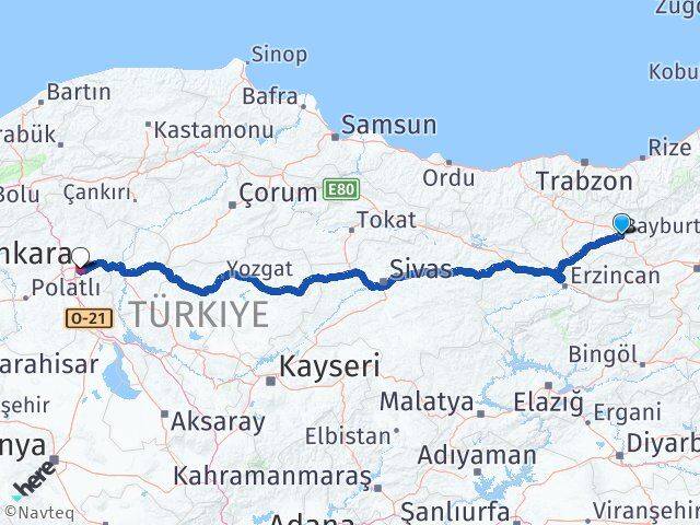 Bayburt Çankaya Ankara Arası Kaç Km - Yol Haritası