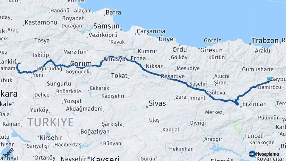Bayburt Çankırı Arası Kaç Km - Yol Haritası