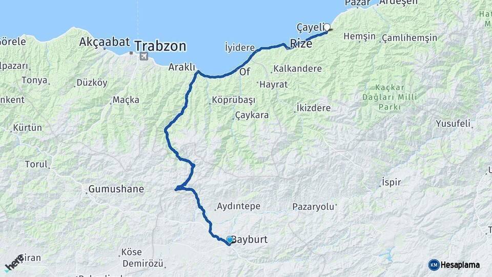 Bayburt Çayeli Rize Arası Kaç Km - Yol Haritası