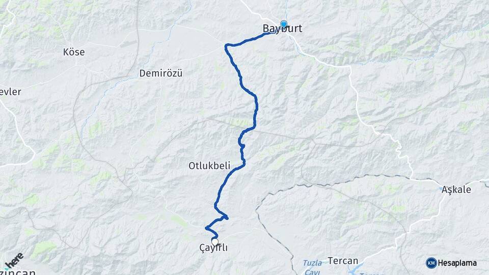 Bayburt Çayırlı Erzincan Arası Kaç Km - Yol Haritası