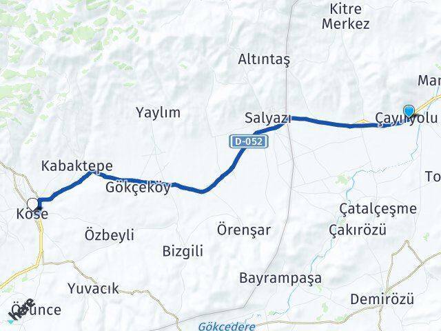 Çayıryolu Köse Arası Kaç Km - Yol Tarifi