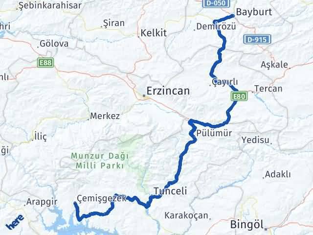 Bayburt Çemişgezek Tunceli Arası Kaç Km - Yol Haritası