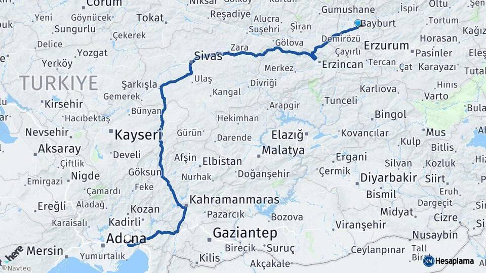 Bayburt Ceyhan Adana Arası Kaç Km - Yol Haritası