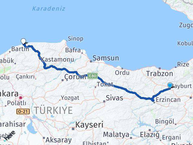 Bayburt Cide Kastamonu Arası Kaç Km - Yol Haritası