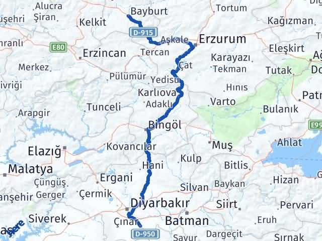 Bayburt Çınar Diyarbakır Arası Kaç Km - Yol Haritası