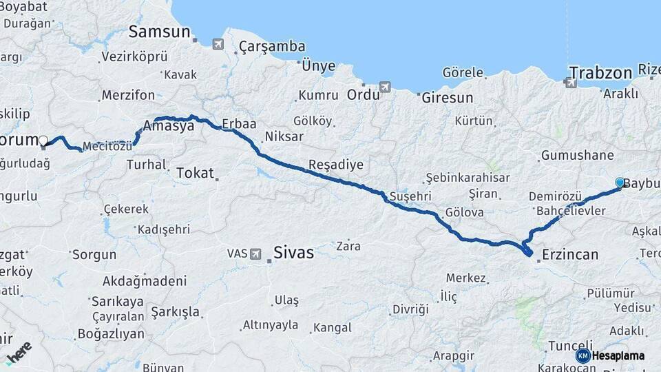 Bayburt Çorum Arası Kaç Km - Yol Haritası