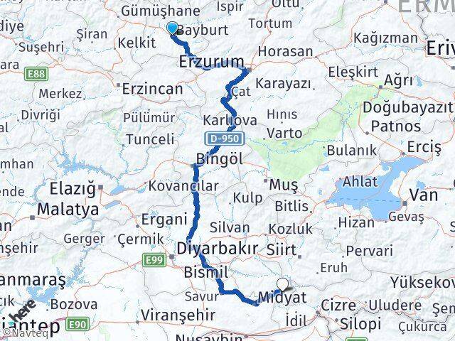 Bayburt Dargeçit Mardin Arası Kaç Km - Yol Haritası