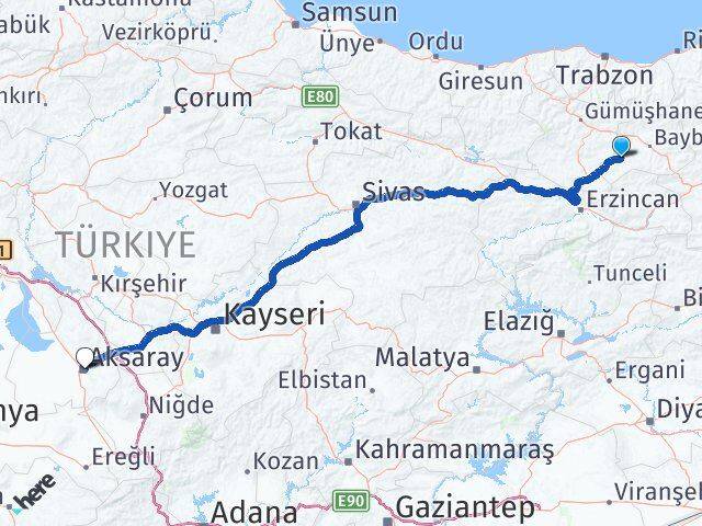 Bayburt Demirözü Aksaray Arası Kaç Km - Yol Haritası