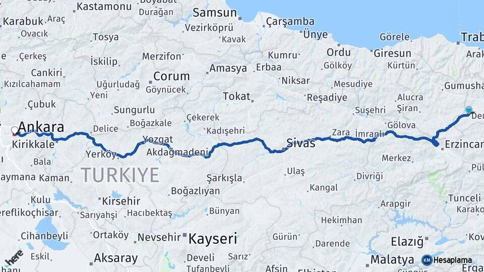 Bayburt Demirözü Ankara Arası Kaç Km - Yol Haritası