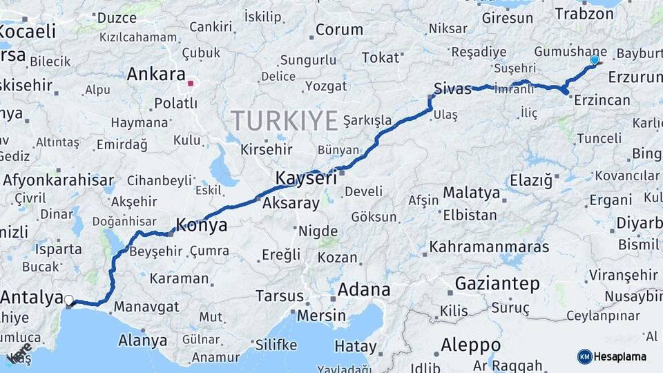 Bayburt Demirözü Antalya Arası Kaç Km - Yol Haritası