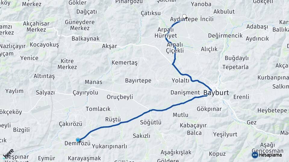 Bayburt Demirözü Aydıntepe Arası Kaç Km - Yol Haritası