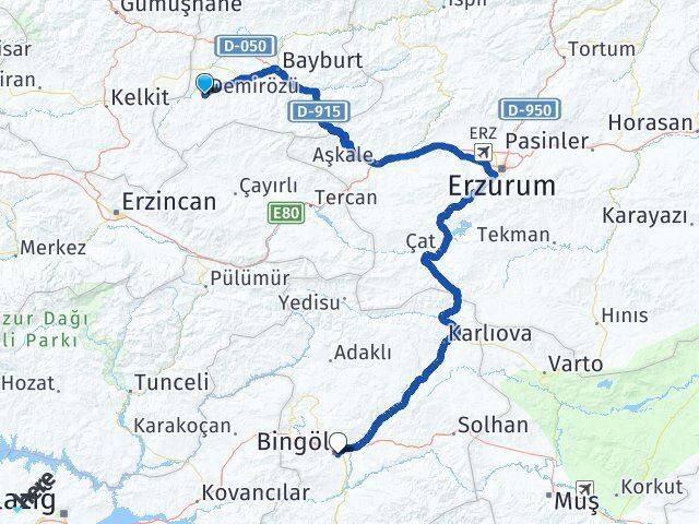 Bayburt Demirözü Bingöl Arası Kaç Km - Yol Haritası