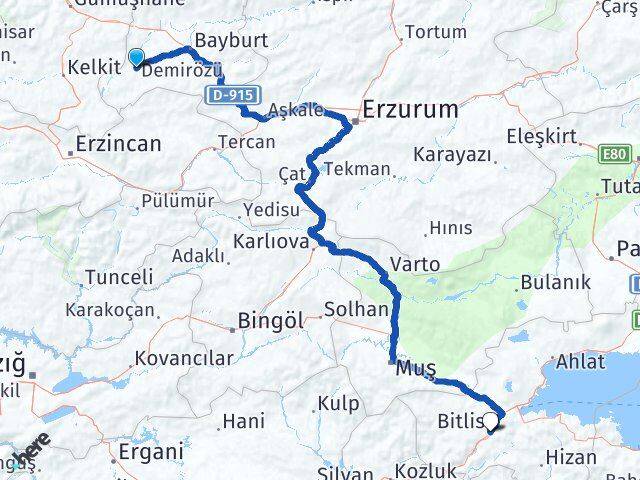 Bayburt Demirözü Bitlis Arası Kaç Km - Yol Haritası