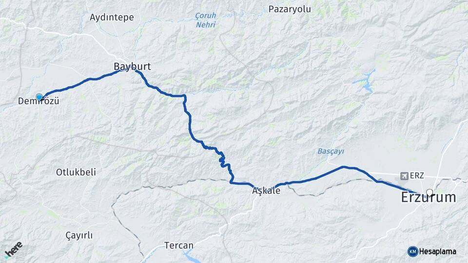 Bayburt Demirözü Erzurum Arası Kaç Km - Yol Haritası