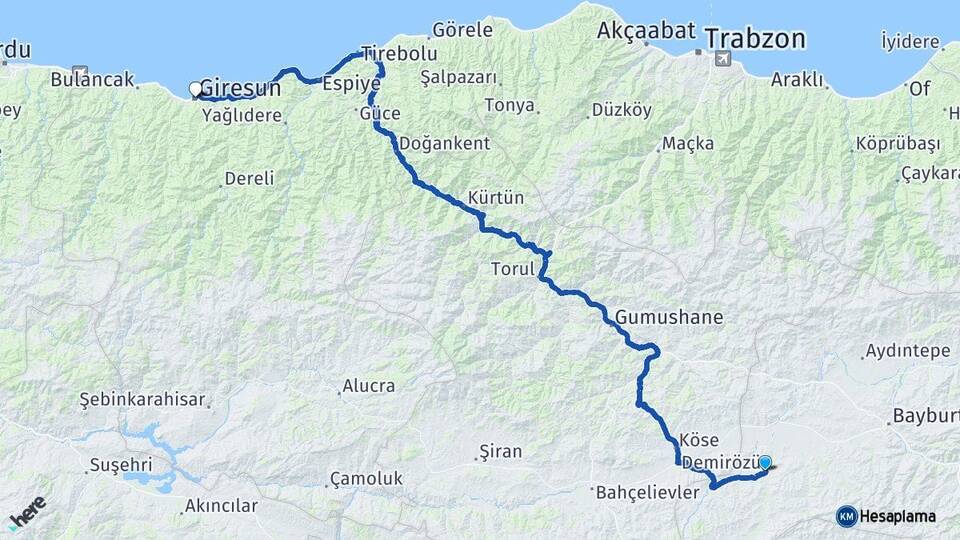Bayburt Demirözü Giresun Arası Kaç Km - Yol Haritası