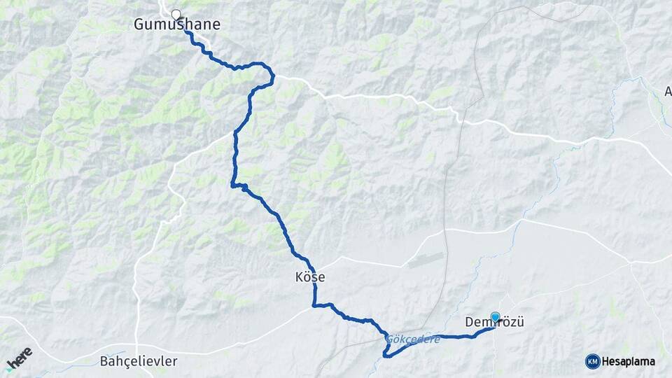 Bayburt Demirözü Gümüşhane Arası Kaç Km - Yol Haritası