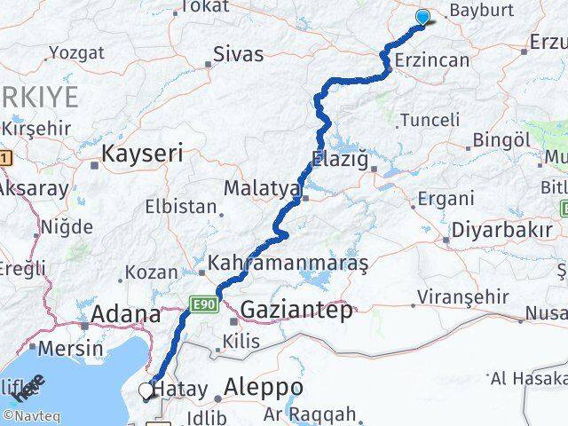 Bayburt Demirözü Hatay Arası Kaç Km - Yol Haritası