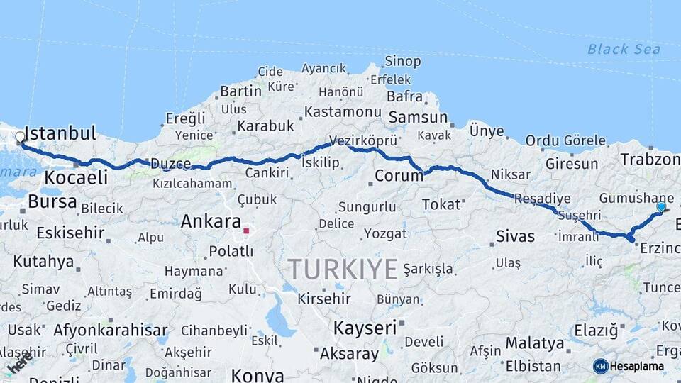 Bayburt Demirözü İstanbul Arası Kaç Km - Yol Haritası