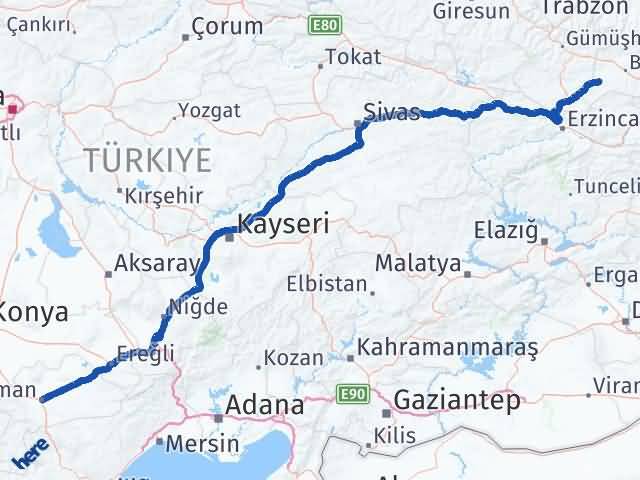 Bayburt Demirözü Karaman Arası Kaç Km - Yol Haritası