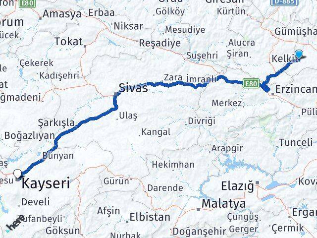 Bayburt Demirözü Kayseri Arası Kaç Km - Yol Haritası