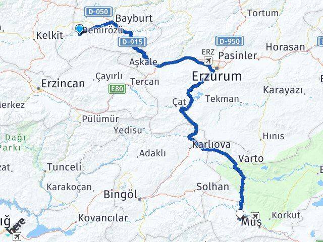 Bayburt Demirözü Muş Arası Kaç Km - Yol Haritası