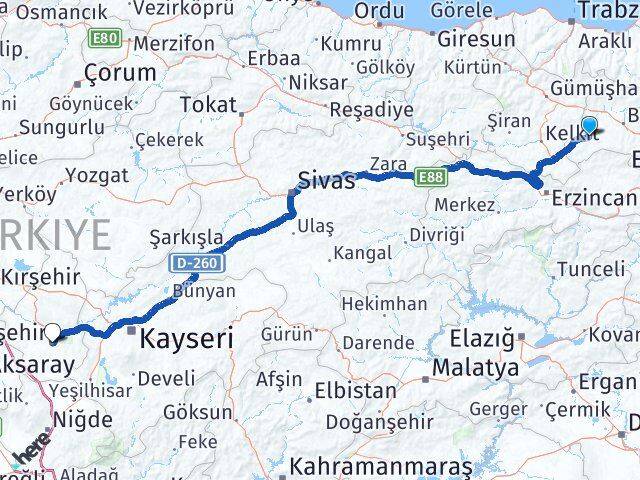 Bayburt Demirözü Nevşehir Arası Kaç Km - Yol Haritası