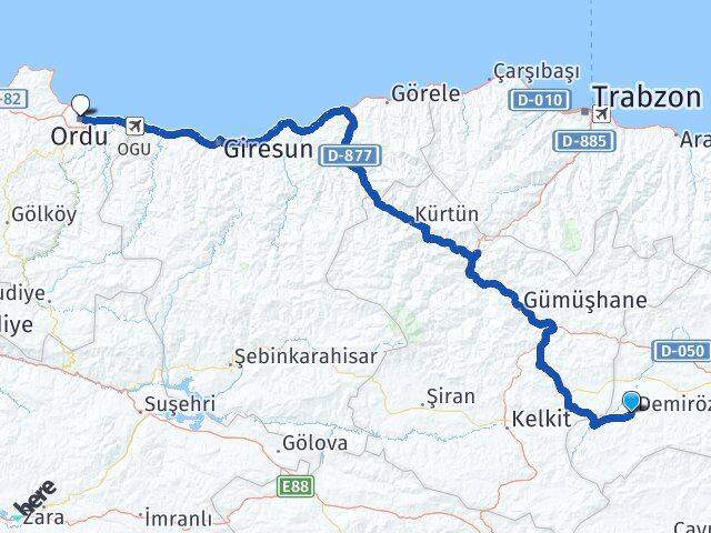 Bayburt Demirözü Ordu Arası Kaç Km - Yol Haritası