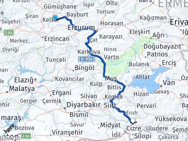 Bayburt Demirözü Şırnak Arası Kaç Km - Yol Haritası