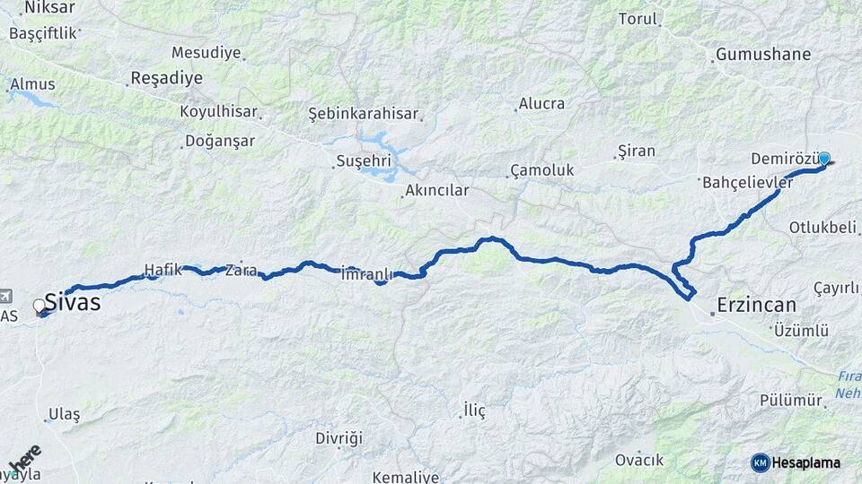 Bayburt Demirözü Sivas Arası Kaç Km - Yol Haritası