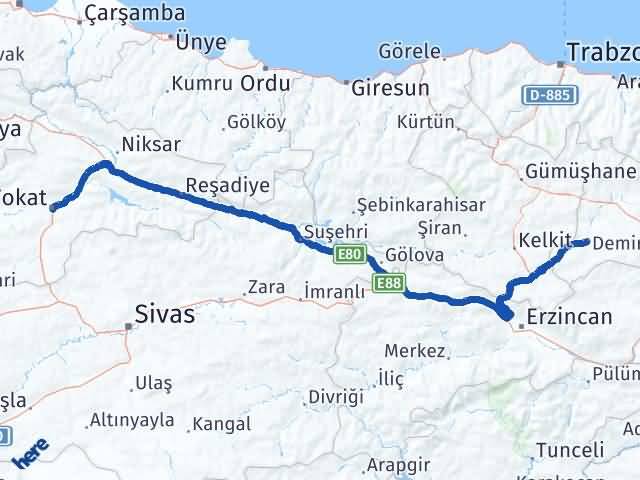 Bayburt Demirözü Tokat Arası Kaç Km - Yol Haritası