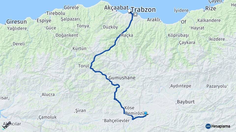 Bayburt Demirözü Trabzon Arası Kaç Km - Yol Haritası