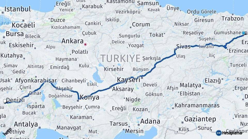 Bayburt Denizli Arası Kaç Km - Yol Haritası