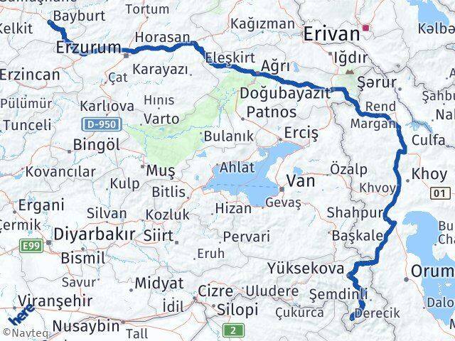 Bayburt Derecik Hakkari Arası Kaç Km - Yol Haritası