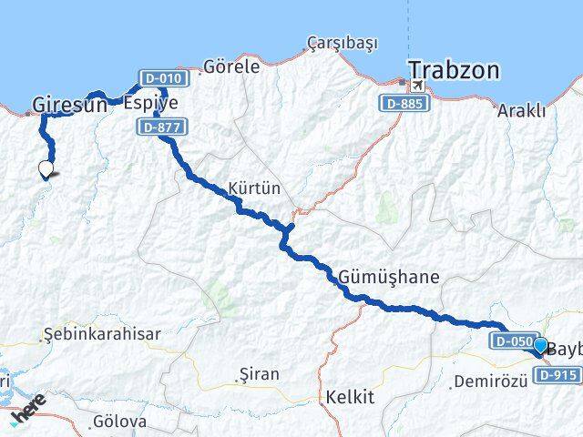Bayburt Dereli Giresun Arası Kaç Km - Yol Haritası
