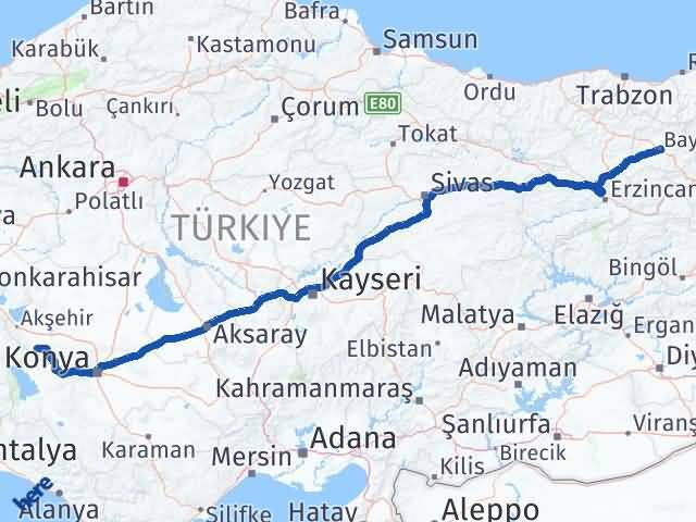 Bayburt Doğanhisar Konya Arası Kaç Km - Yol Haritası