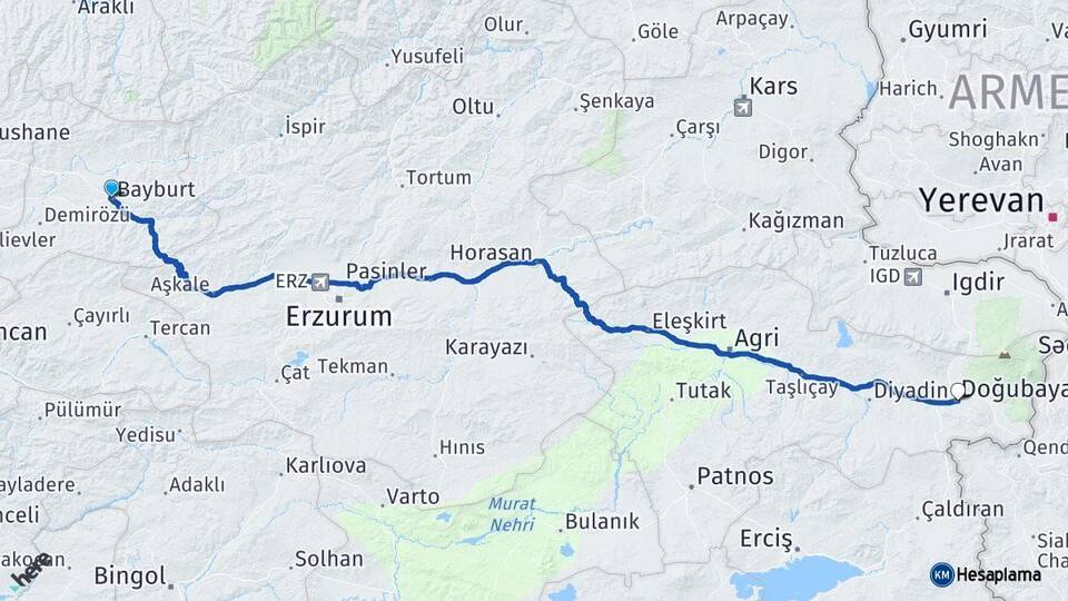 Bayburt Doğubayazıt Ağrı Arası Kaç Km - Yol Haritası
