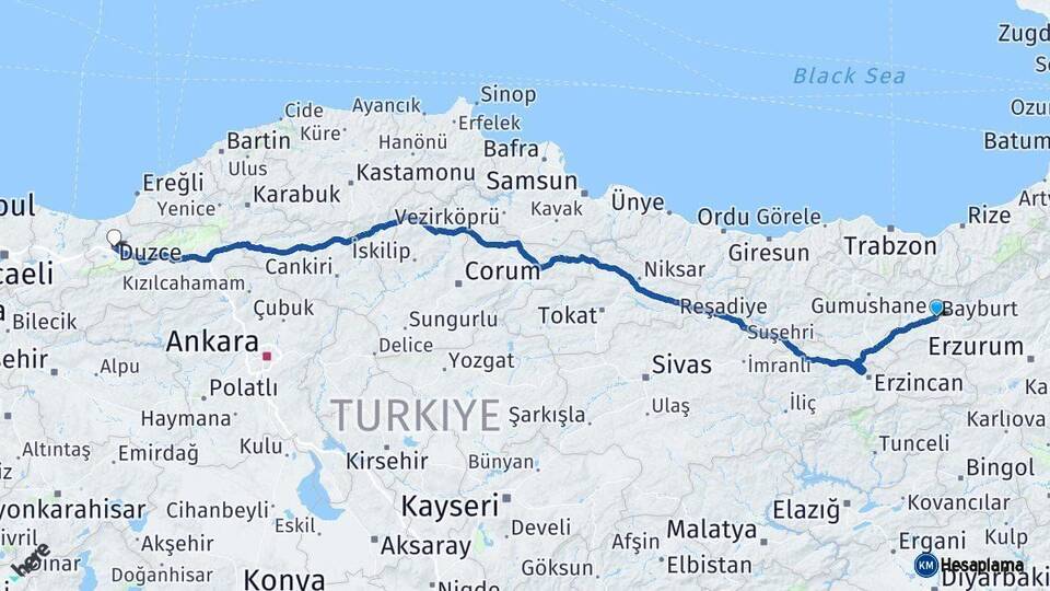 Bayburt Düzce Arası Kaç Km - Yol Haritası