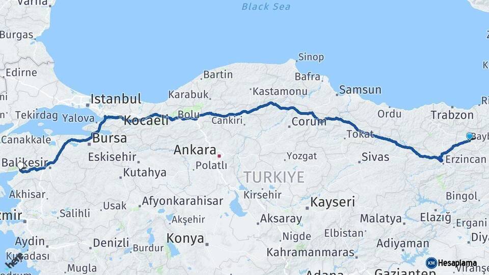 Bayburt Edremit Balıkesir Arası Kaç Km - Yol Haritası
