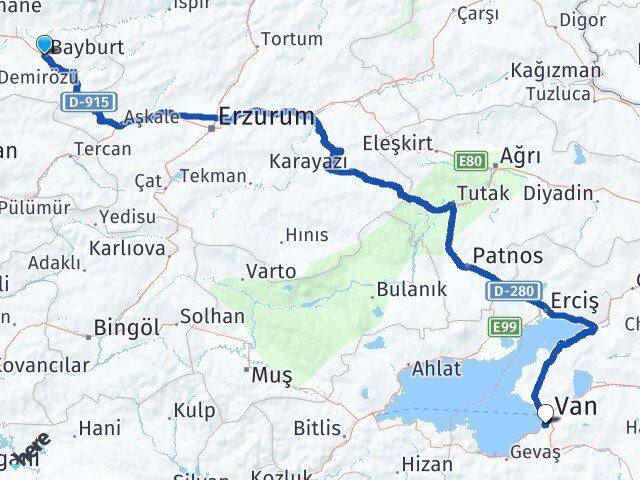 Bayburt Edremit Van Arası Kaç Km - Yol Haritası
