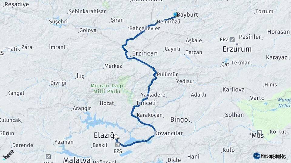 Bayburt Elazığ Arası Kaç Km - Yol Haritası