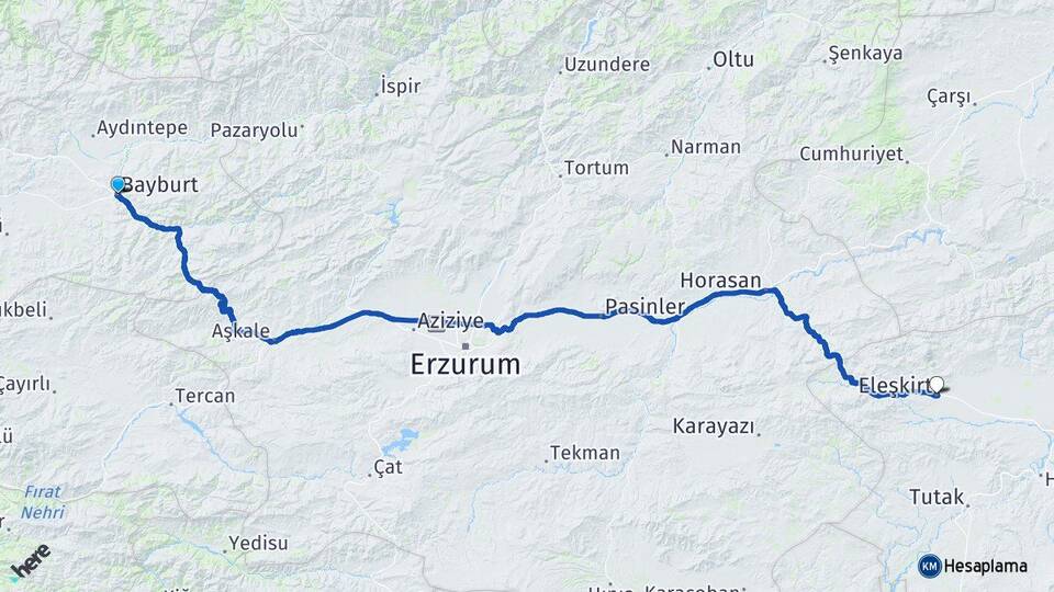 Bayburt Eleşkirt Ağrı Arası Kaç Km - Yol Haritası