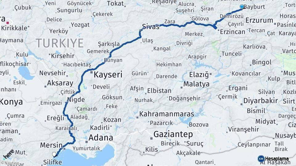 Bayburt Erdemli Mersin Arası Kaç Km - Yol Haritası