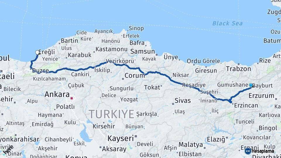 Bayburt Ereğli Zonguldak Arası Kaç Km - Yol Haritası