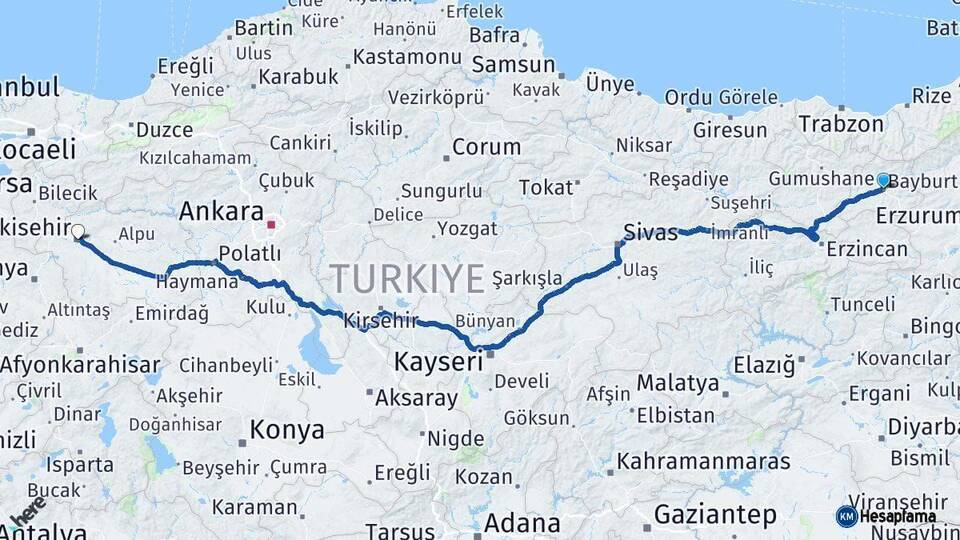 Bayburt Eskişehir Arası Kaç Km - Yol Haritası