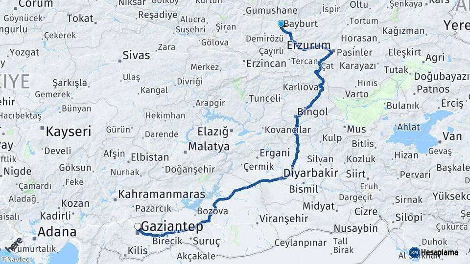 Bayburt Gaziantep Arası Kaç Km - Yol Haritası