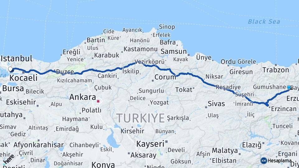 Bayburt Gebze Kocaeli Arası Kaç Km - Yol Haritası