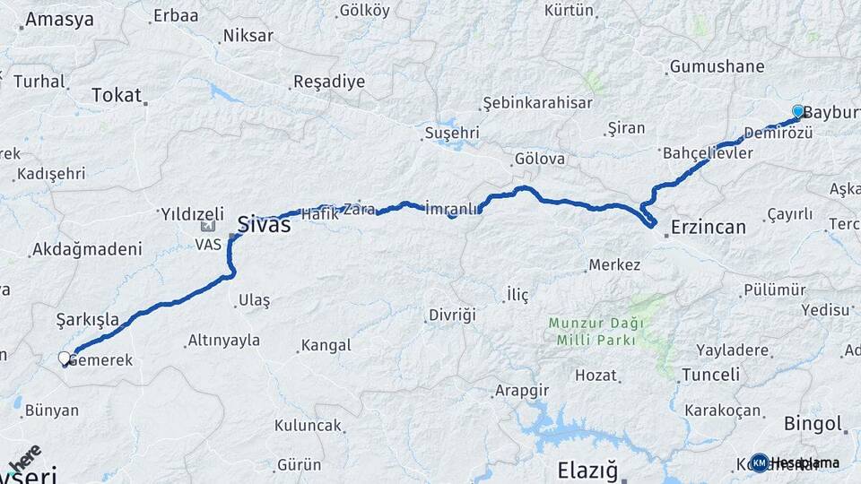 Bayburt Gemerek Sivas Arası Kaç Km - Yol Haritası